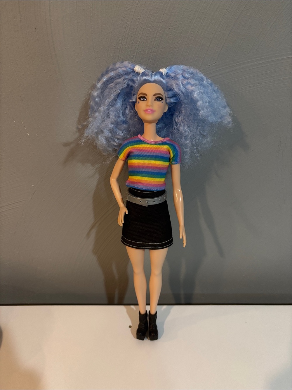 Barbie Fashionista Doll 170 with Blue crimped Hair and Rainbow Stripe Top